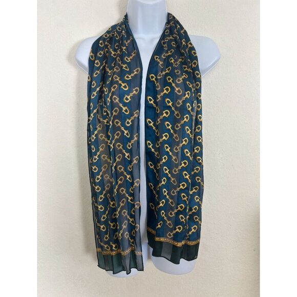Echo Women Vintage Silk Scarf Blue and Gold Horsebit Equestrian Print - Picture 4 of 7
